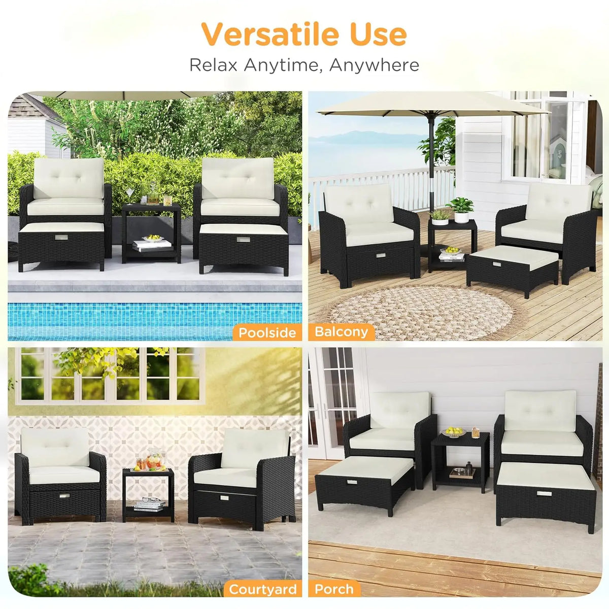 5 Piece Patio Conversation Set with Ottomans, PE Wicker Balcony Furniture, Rattan Lounge Sofa with Cushions & Pillows,, Custom