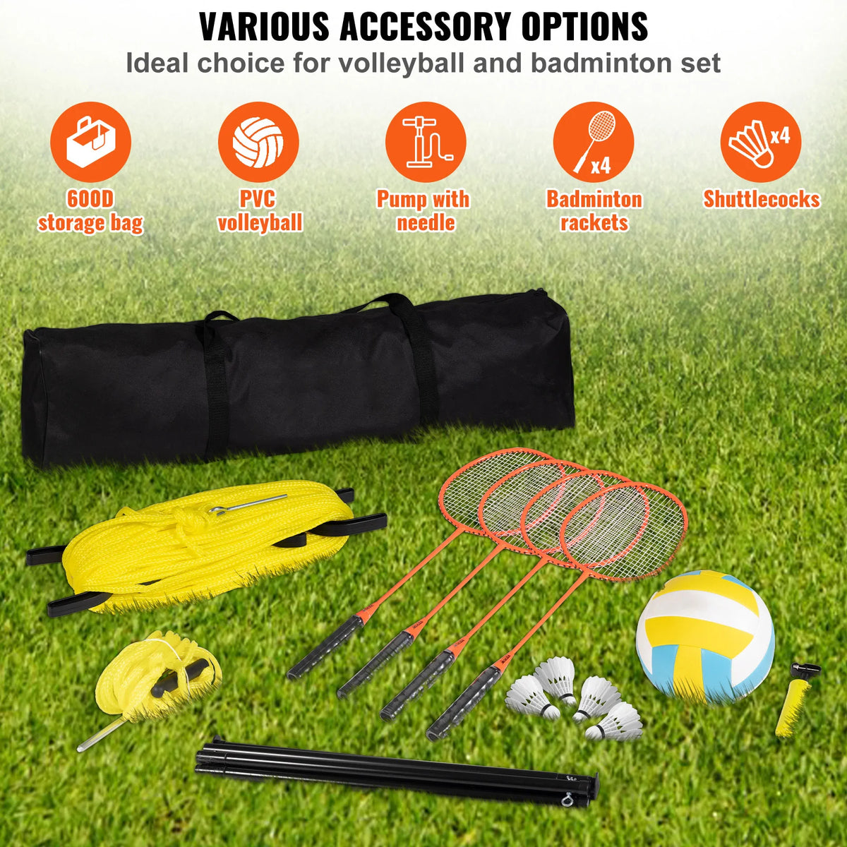 SucceBuy Outdoor Volleyball & Badminton Set Adjustable Steel Poles Professional Combo Set with Carrying Bag for Backyard Beach