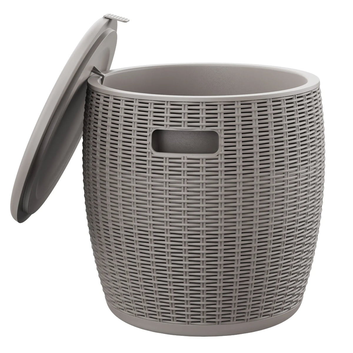 Round Rattan Look Resin Ice Bucket with Lid, Weatherproof Outdoor Storage Side Table for Patio Pool Backyard Drinks