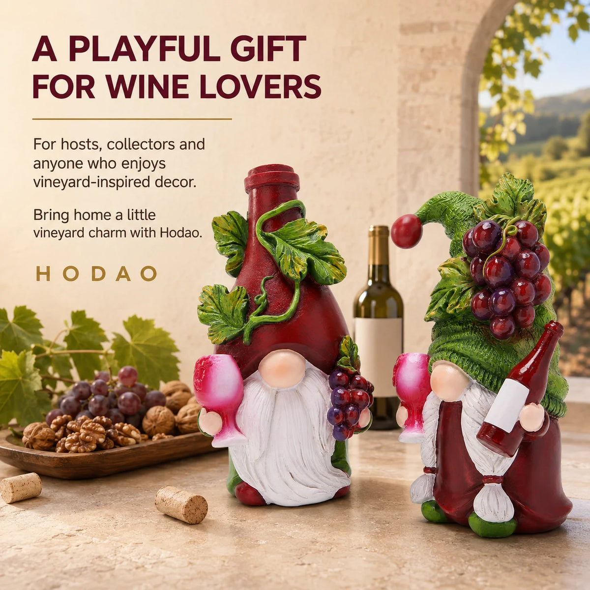 Hodao Wine Lover Gnome Statue Pair, Resin Figurines with Burgundy Bottle Hat, Green Grape Cap, Pink Goblets, Leaf Accents and White Beards, Whimsical Collectible Home Bar Decor for Kitchen Countertop, Winery Shelf, Hostess, B