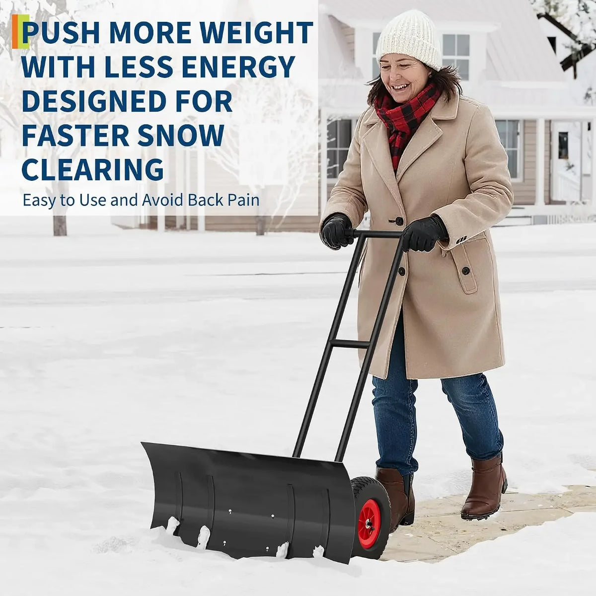 Tacleekii 29" Heavy Duty Snow Shovel with Wheels, Carbon Steel Blade W/Adjustable Angle & Height Ergonomic Handle for Easy Driveway & Pavement Clearing