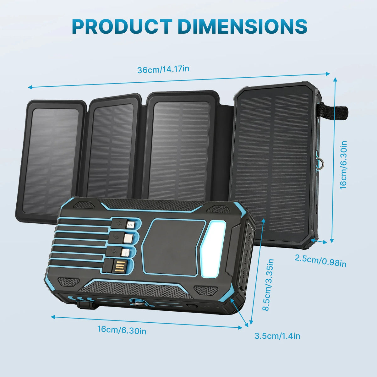 48000mAh Solar Power Bank Portable 4 Solar Panels 5V/3A PD15W Fast Charging Built-in 4 Cables Outdoor Camping Road Trip Emergency Poverbank External Battery