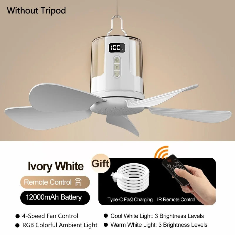 NEW Portable Camping LED Ceiling Fan with RGB Ambient Light 4 Gear Rechargeable Tent Hanging Fans for Bedroom Dorm Home Travel