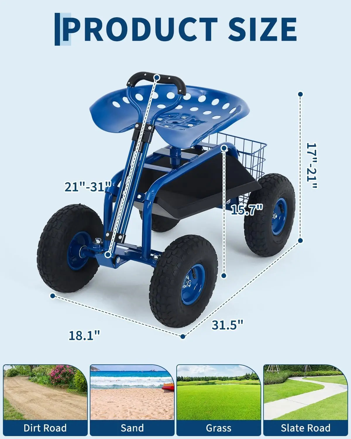Rolling Garden Cart with Seat Garden Workseat with 360-Degree Swivel Height Adjustable Rolling Garden Stool Extendable Handle for Lawn Patio