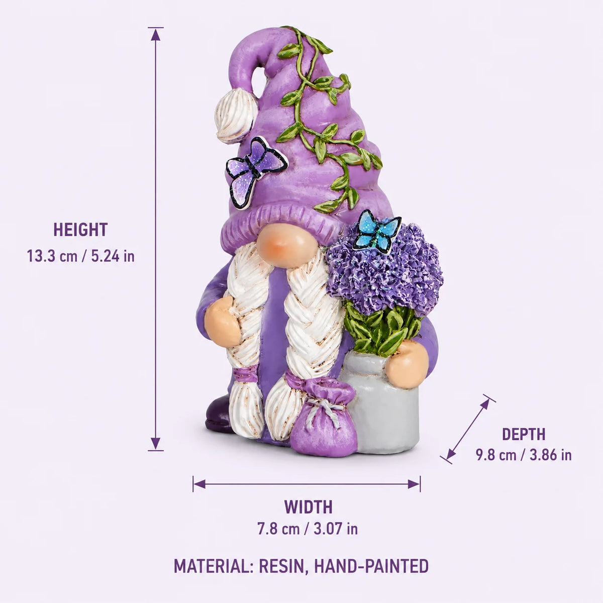 Hodao Lavender Dream Hydrangea Gnome Collectible Figurine, Resin Swedish Tomte Elf Dwarf with Braided White Hair, Butterfly Accents, Vine Hat and Potted Flowers, Spring Summer Garden Tabletop Decor for Shelf Mantel Desk Indoo