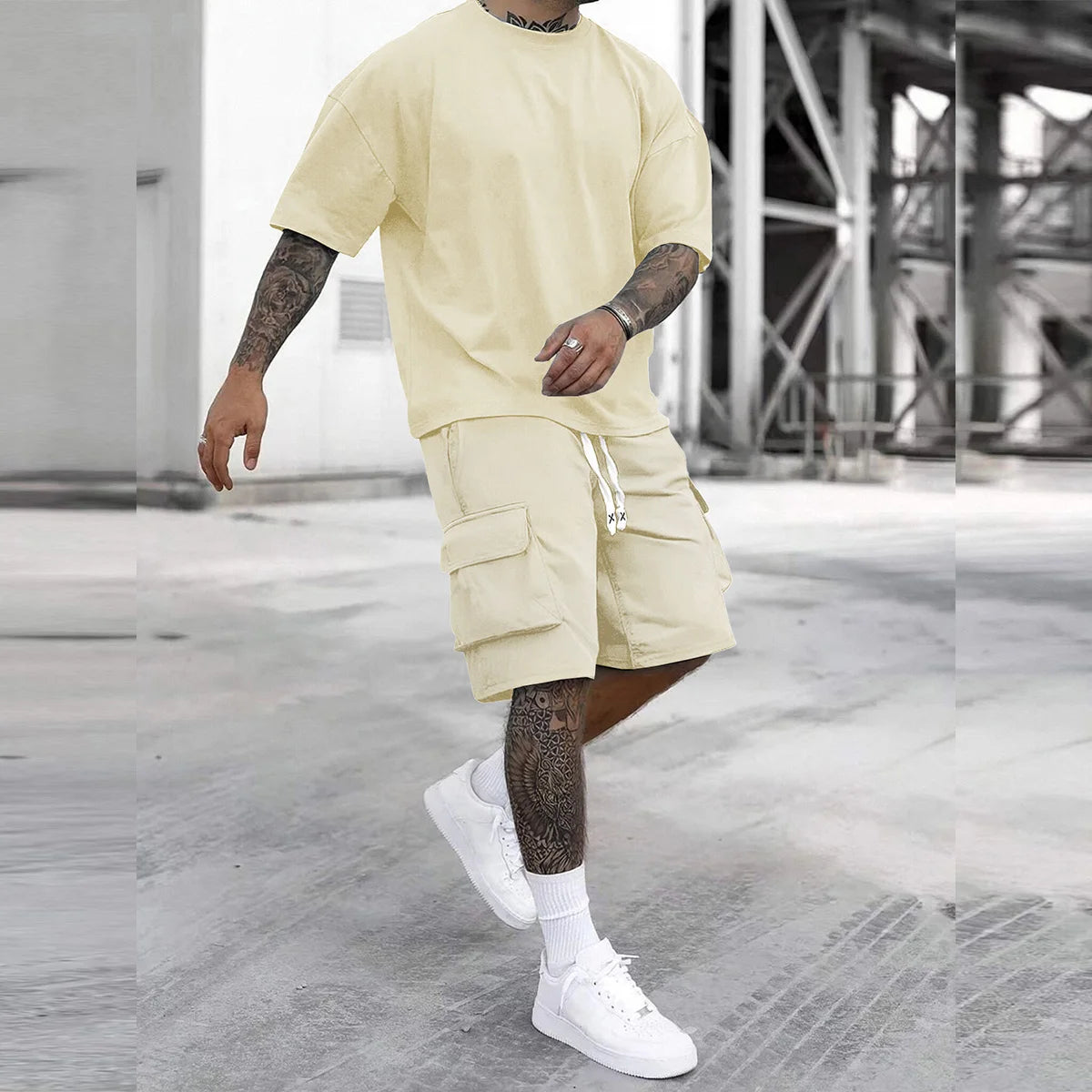 2-Piece Men's Casual Sports Summer Matching Set, T-Shirt+Multiple Pocket Workwear Shorts Clothing, Suitable for Outdoor Hiking, Fitness, and Travel.