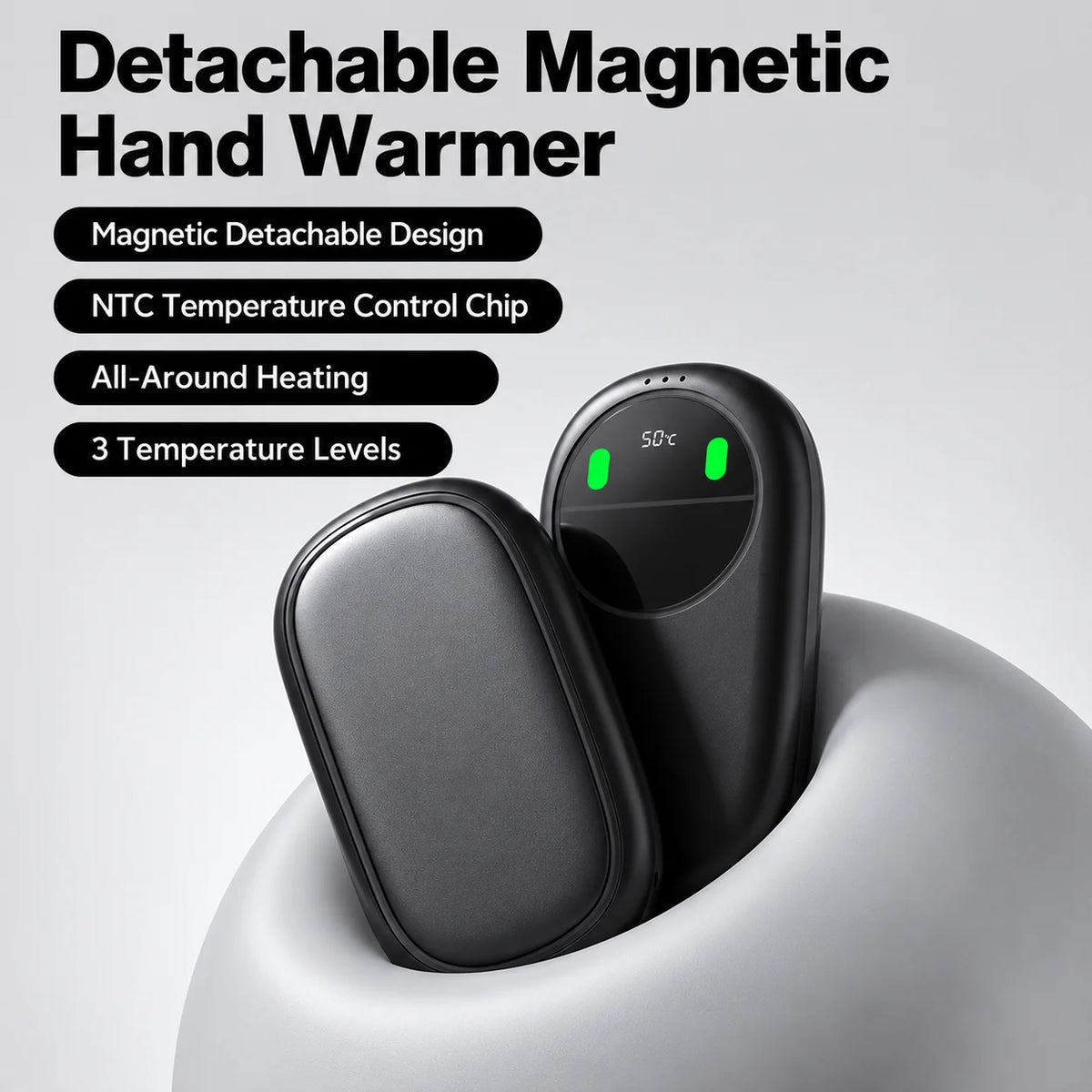 Smart Temp Control Magnetic Hand Warmer , 5W Dual Heating with Aluminum Alloy Shell. 3 Adjustable Temps (100-126°F), Long-Lasting Battery, Safe & Flame-Retardant, Portable Lanyard Design.