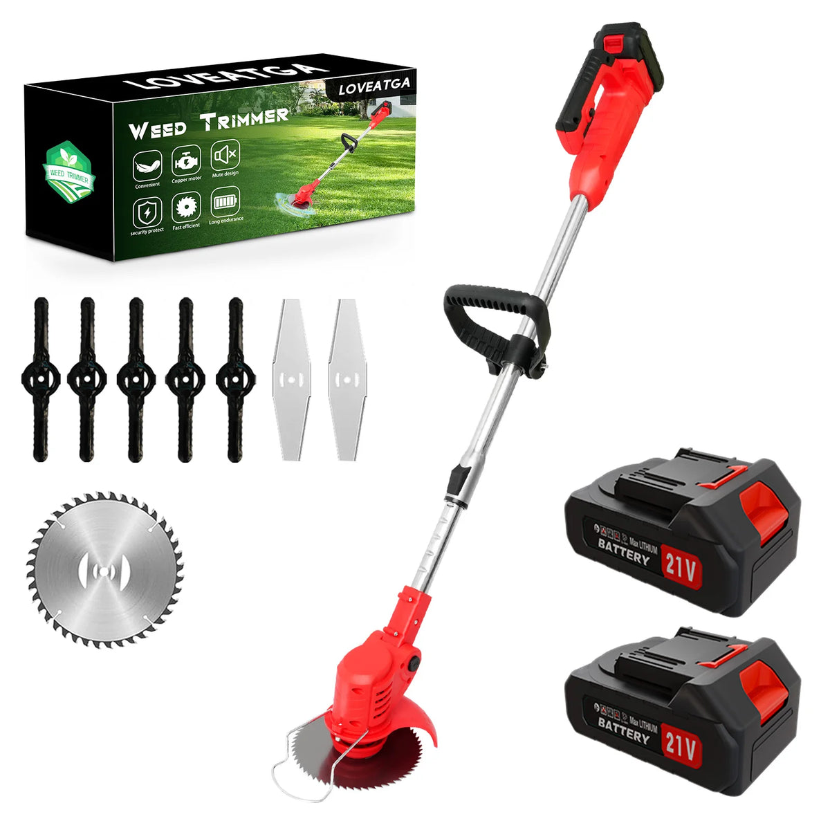 3-in-1 Grass Trimmer U-Handle 21V Weed Whacker Lawn Mowers 31.50-48.03 Inches Telescopic with 3 Blades 2 Batteries & Charger for Yard Garden Lawn & Shrub Trimming