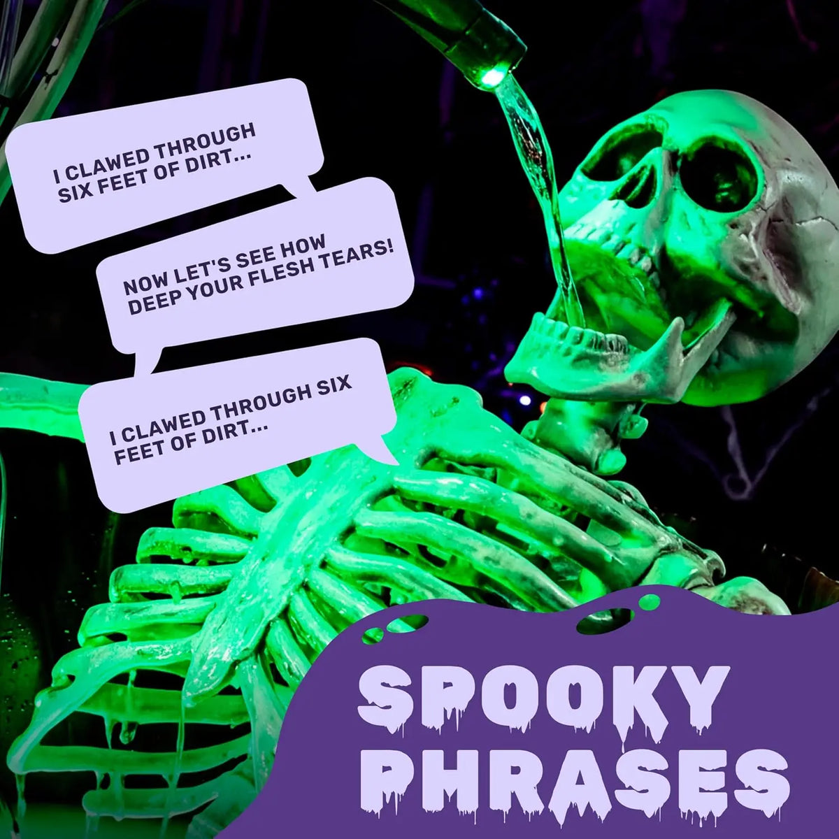 Halloween Outdoor Decoration, 5ft Life-Size Animatronic Drinking Skeleton Haunted Prop with Endless Liquid Pouring Effect, Green LED Lights and Spooky Sounds for Garden Yard Lawn