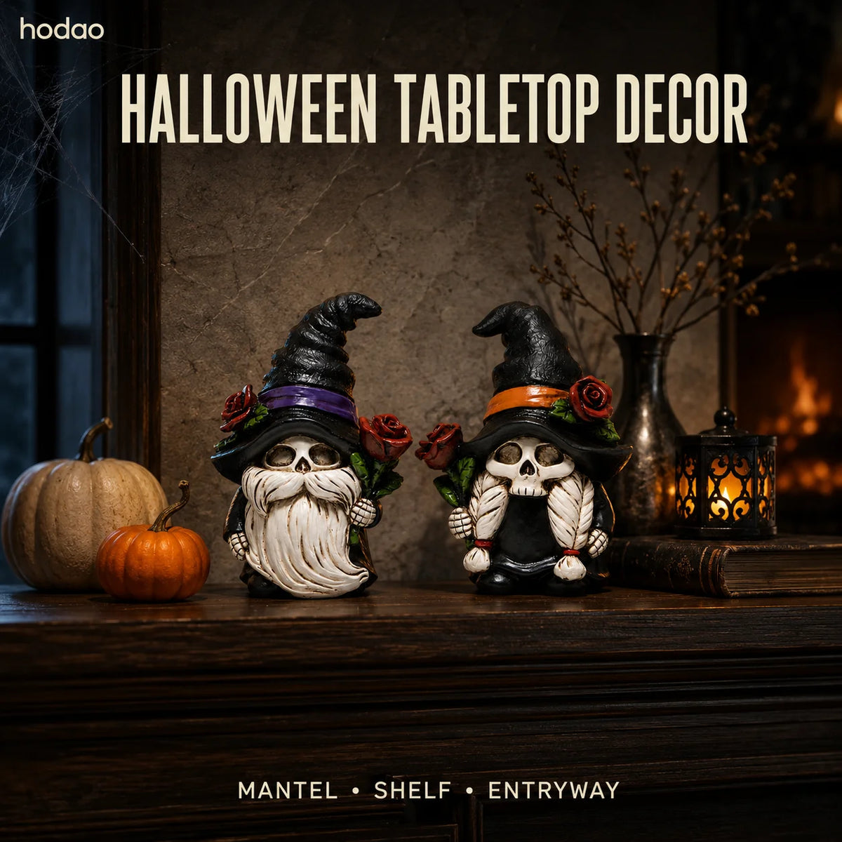 Hodao Resin Halloween Skull Gnome Figurine Set, 2-Piece Gothic Witch Couple with Black Hats, Red Roses, Collectible Shelf Decor