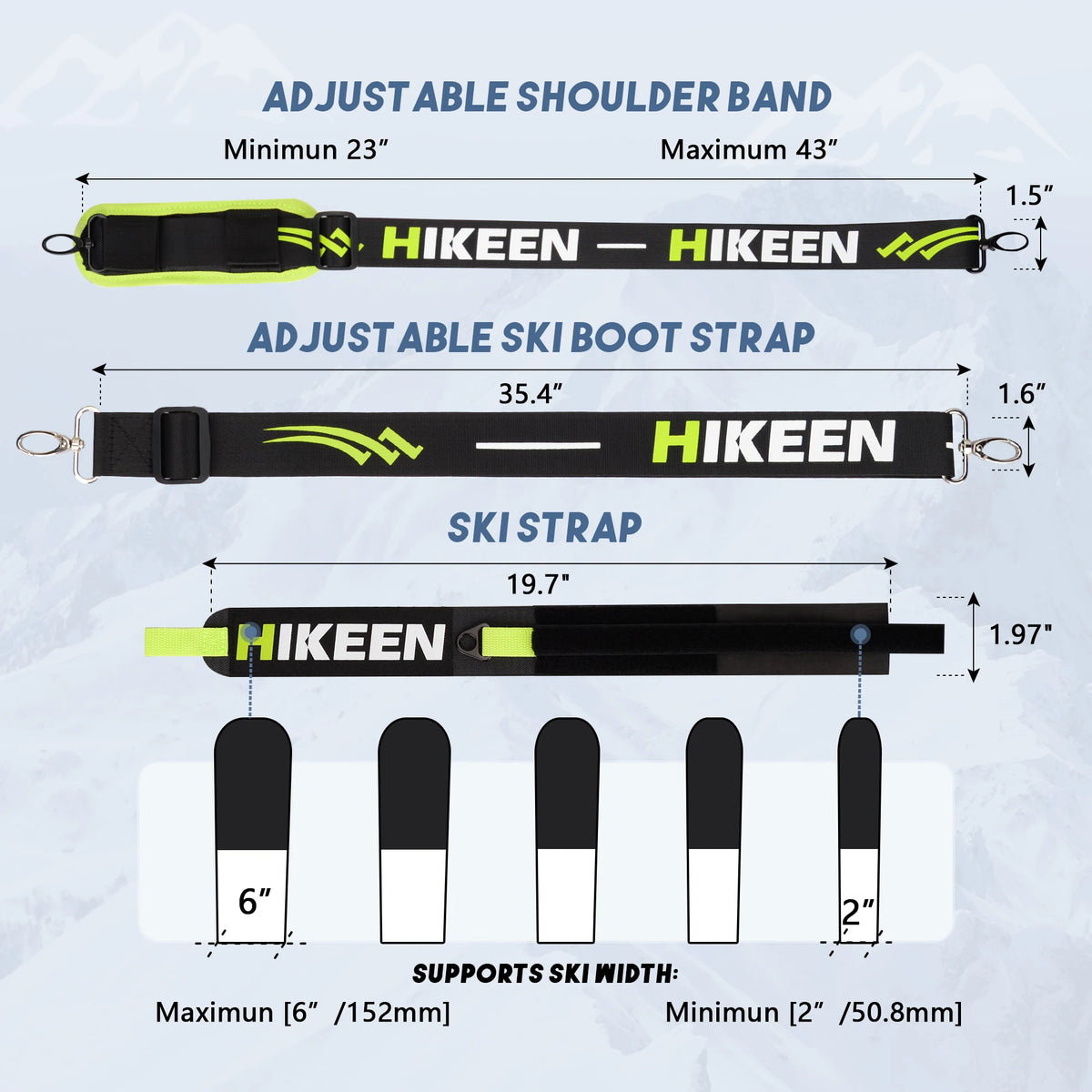 Hikeen Ski Carrier Straps Poles and Boot Downhill Skis Straps with Adjustable Anti-slip Shoulder Sling Metal Buckle Swivel Hook