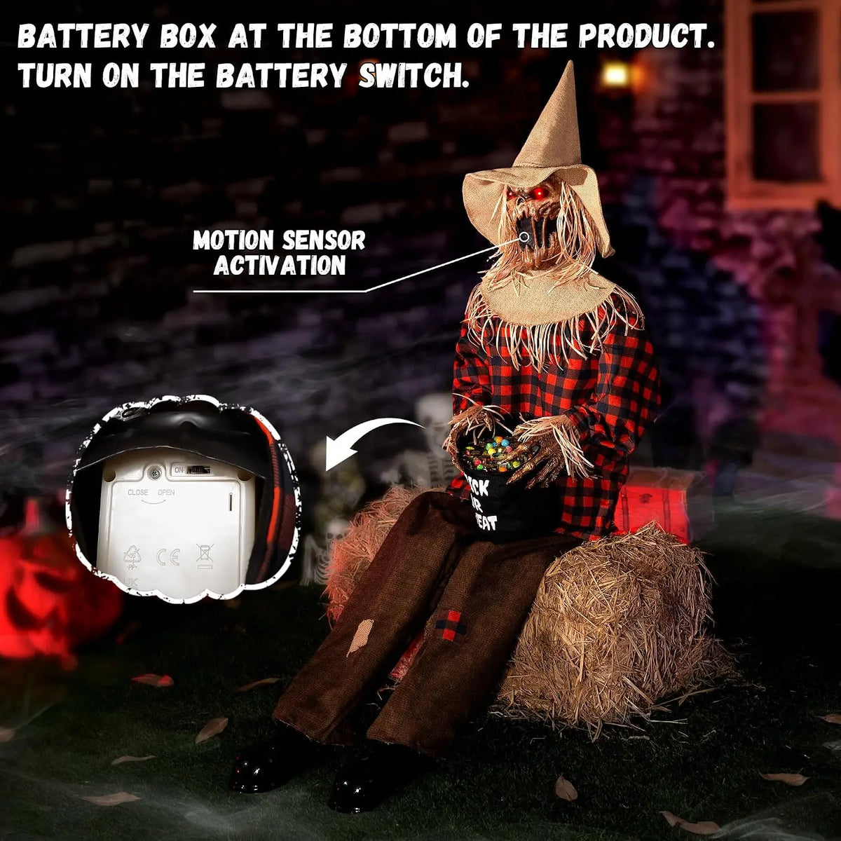 55'' Scary Halloween Animatronic Sitting Scarecrow with Candy Bag, Sound & Motion Activated Jumpscare Prop, Lighted Eyes, Creepy Sounds, Outdoor Haunted House Decoration