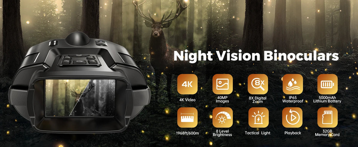 Night Vision Binoculars 4K Infrared 5000mAH Rechargeable 8X Digital Zoom 600 Meters Darkness Goggles 5000mAh Rechargeable, 64GB Card Included for Wildlife Observation & Surveillance