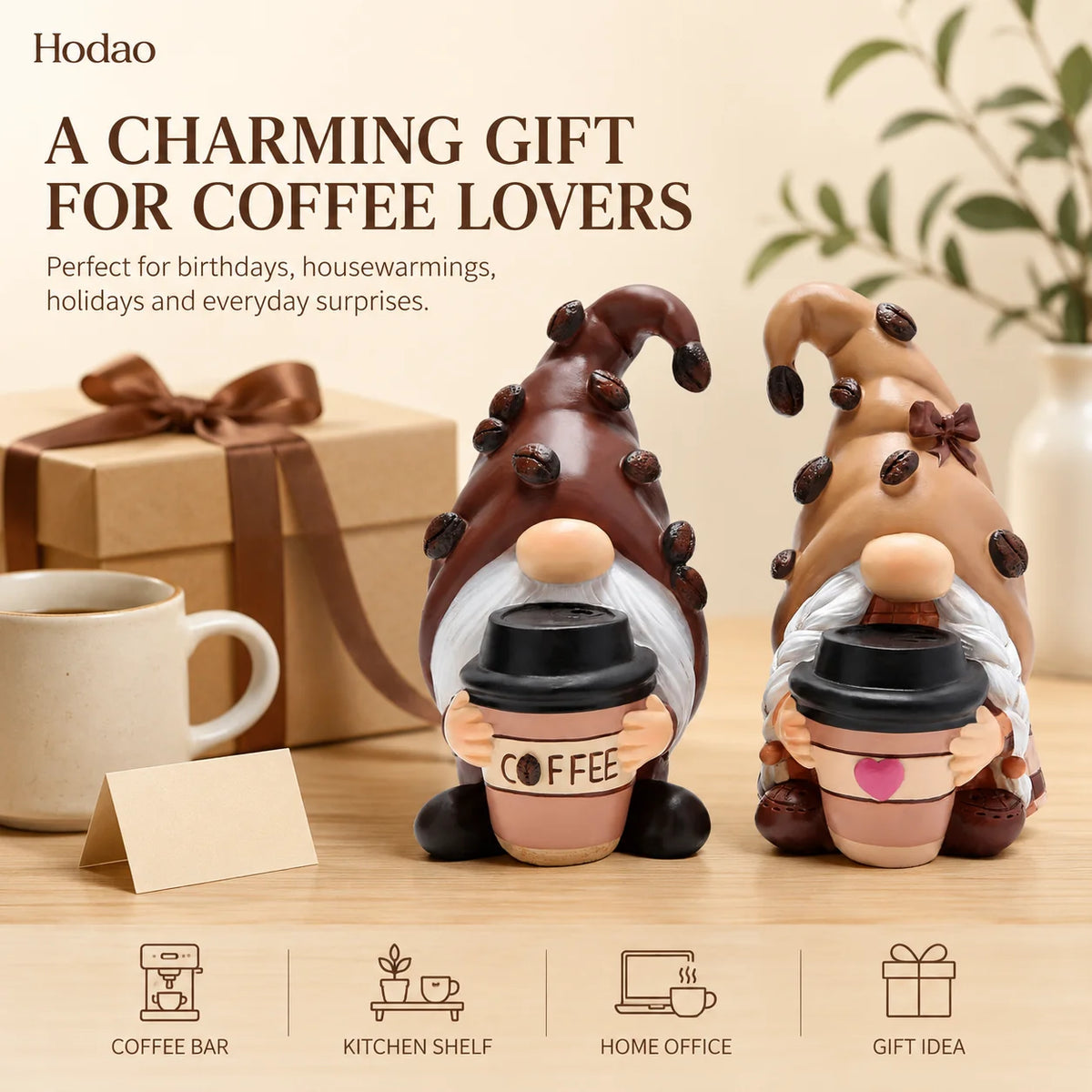 Hodao Resin Coffee Gnome Figurine Set Hand-Painted Cafe Couple with Bean-Decorated Hats, Takeaway Cups, Collectible Tabletop Accent for Kitchen Counter, Tiered Tray, Office, Dining Room, Housewarming Gift, Barista Lover Decor