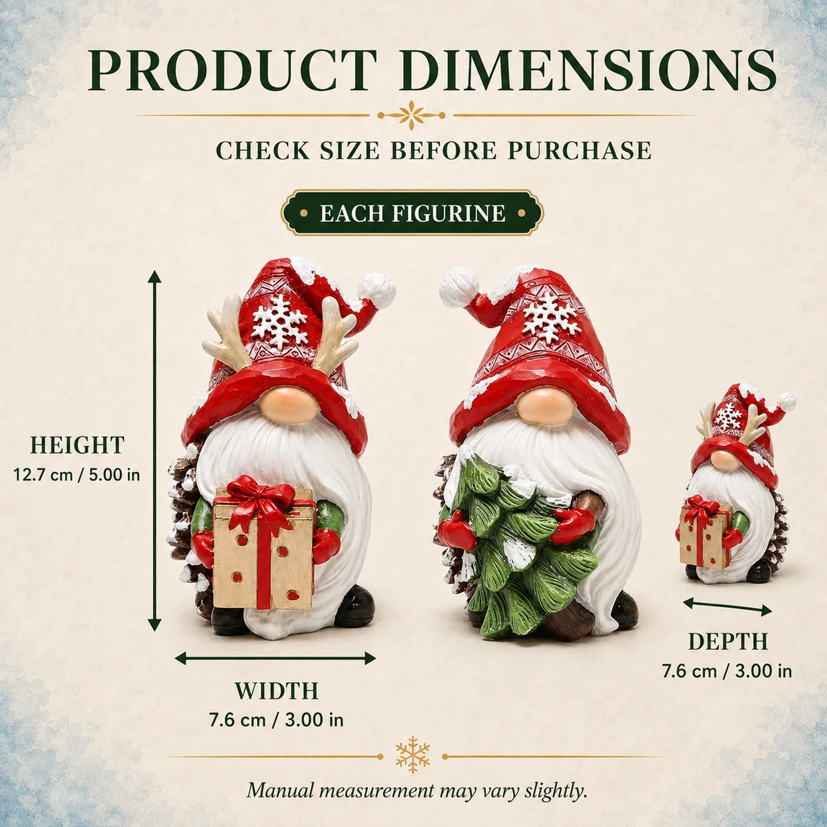 HODAO Resin Christmas Gnome Figurine Set, 2-Piece Nordic Tomte Pinecone Gnomes with Red Snowflake Hats, Reindeer Antlers, White Beards, Gift Box and Christmas Tree, Collectible Winter Tabletop Shelf Fireplace Mantel Decor, Ru