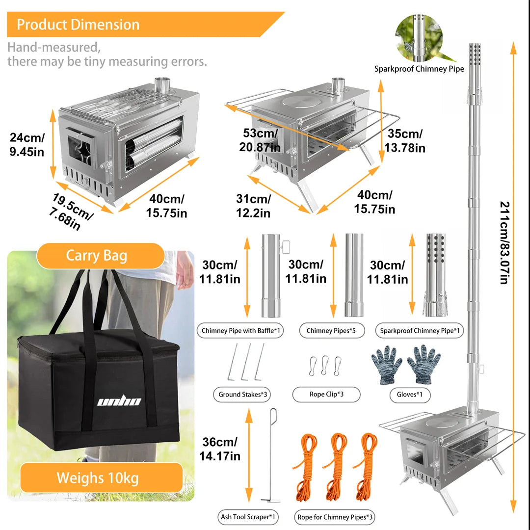 Hot Tent Stove, Unho Wood Burning Stove, Portable Wood Stove with 6 Stainless Chimney Pipes for Outdoor Heating & Cooking