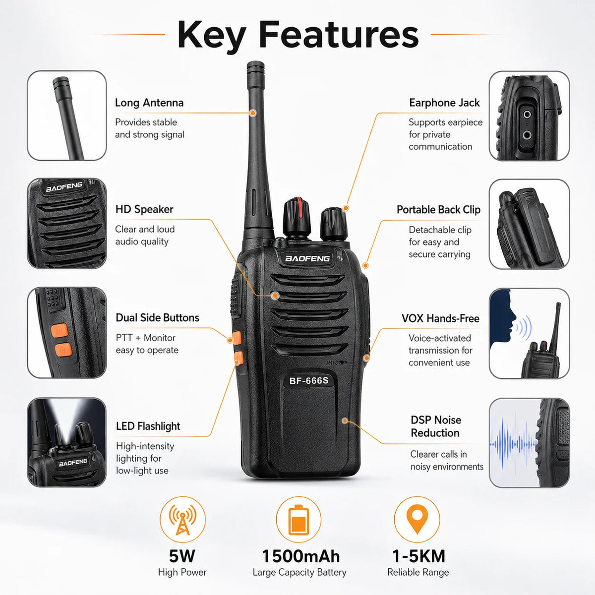 BAOFENG BF-666S Walkie Talkie 2PCS 5W Long Range Two Way Radio 1500mAh Portable Intercom VOX LED Flashlight for Security Outdoor
