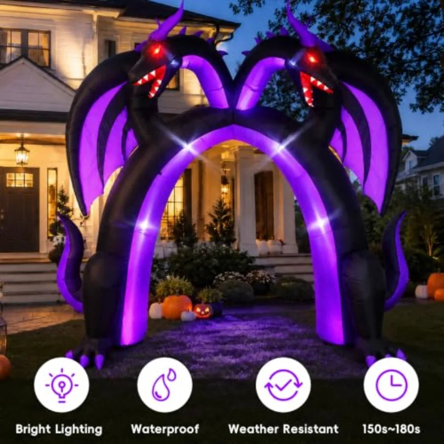 Halloween inflatable dragon archway for outdoor use, PVC material, black and red, double-headed walk-through design with built-