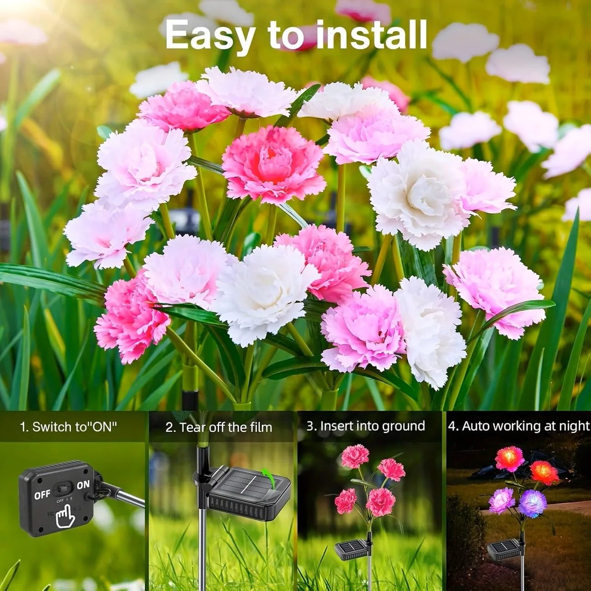 Solar Garden Lights 4 Head Carnation Flower Lamps For Yard Waterproof Outdoor Pathway Pink Lights Christmas Lawn Backyard Decor