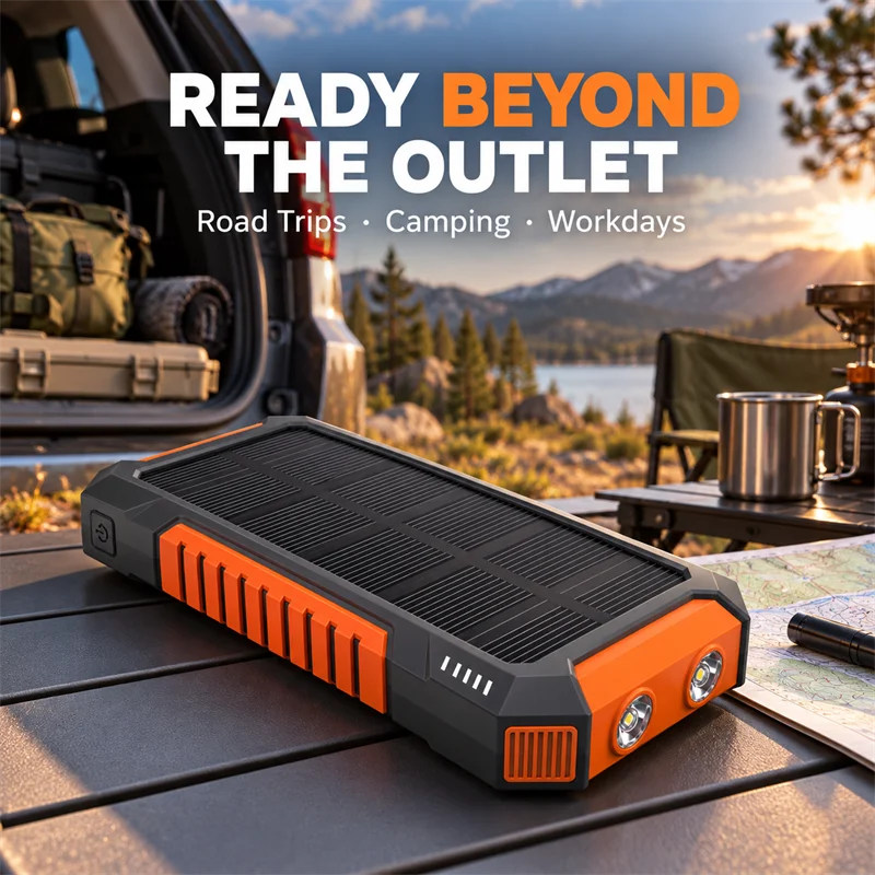 Solar Power Bank Portable Solar Power Supply Long-lasting Low Self-discharge Compatible with IOS Android USB-A & USB-C