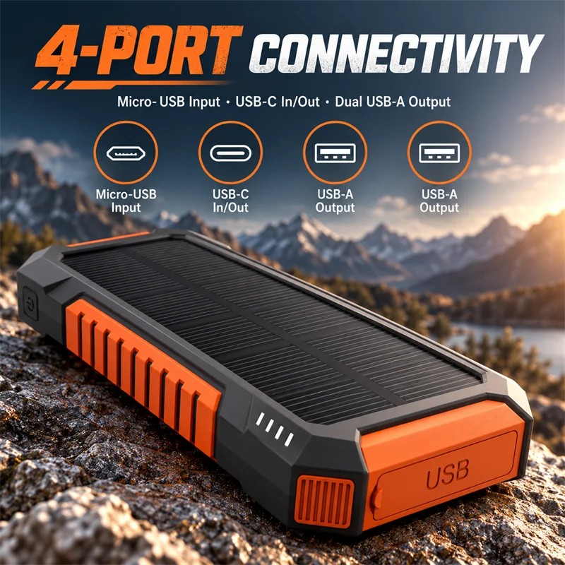 Solar Power Bank Portable Solar Power Supply Long-lasting Low Self-discharge Compatible with IOS Android USB-A & USB-C