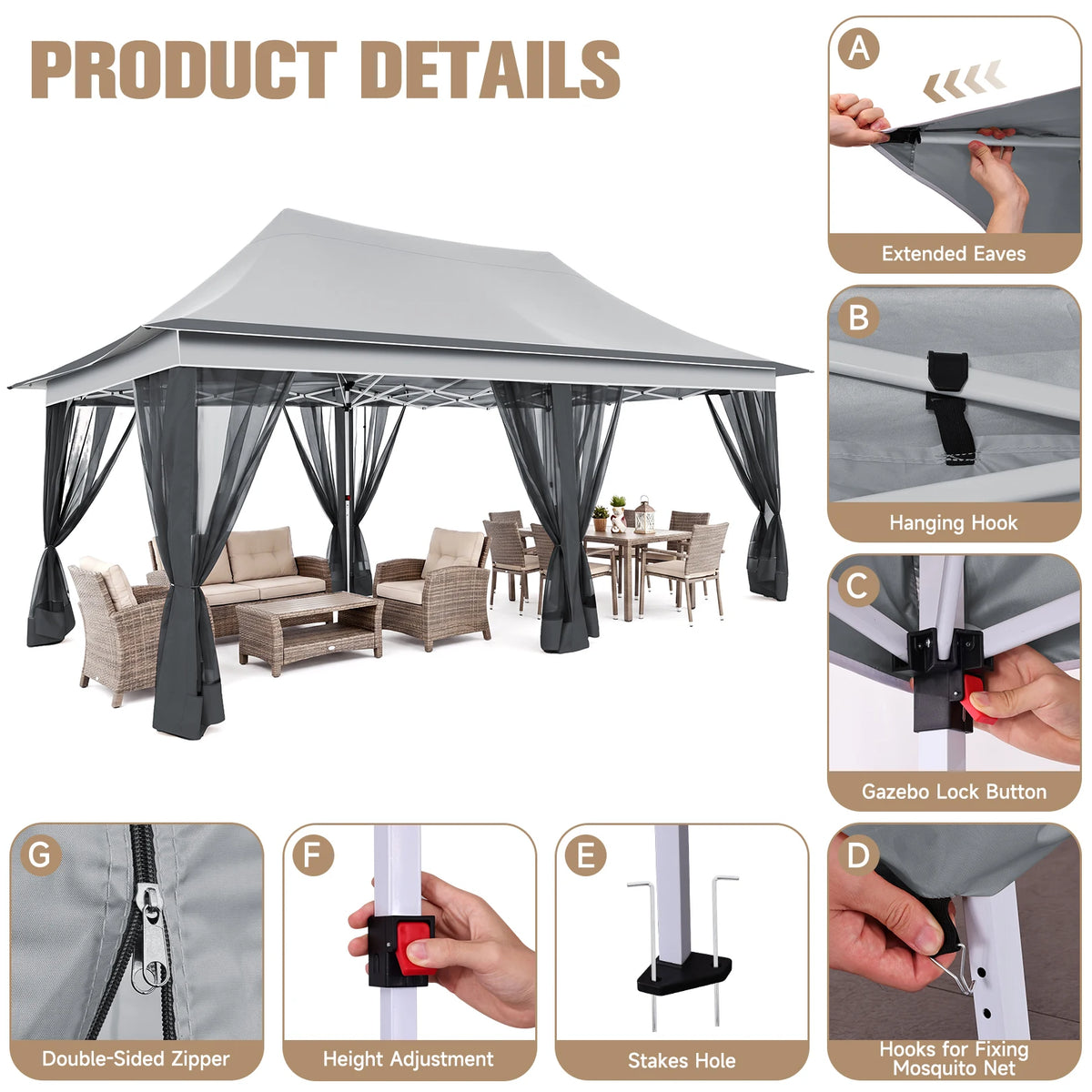 12x20FT Pop up Canopy Tent Gazebo, Party Tents for Parties | Carpas Para Fiestas, Large Outdoor Popup Patio Screened Gazebos, Shelter Tents with Net for Backyard, Commercial