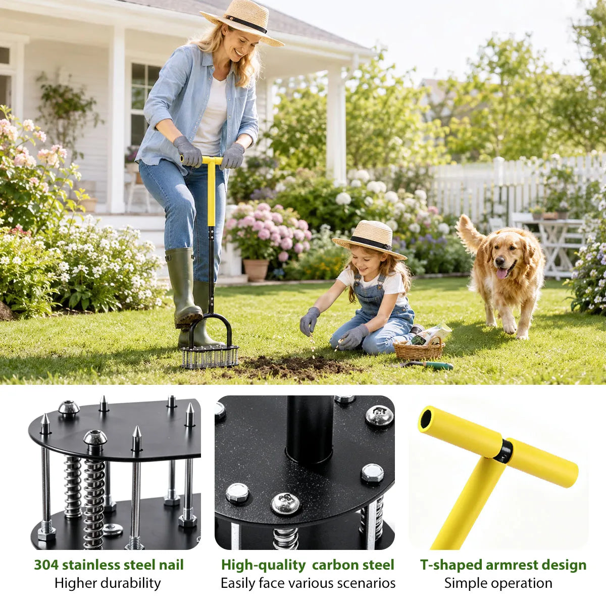 Stand‑Up Manual Lawn Core Aerator,304 Stainless Steel Spikes Dual‑Spring Self‑Cleaning Soil Aerating Tool for Backyard Garden Lawn Care,Ergonomic T‑Handle,Free Work Gloves