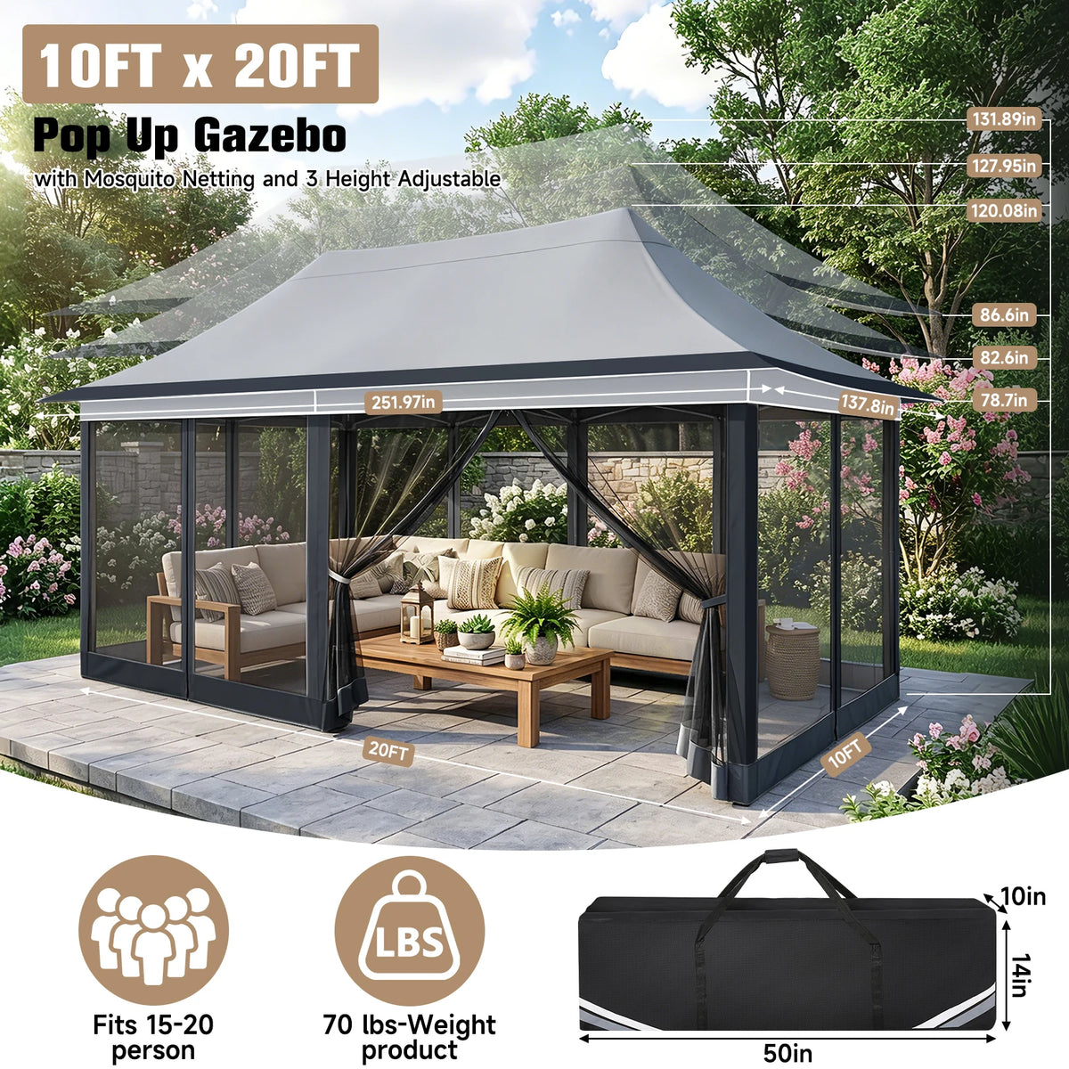 12x20FT Pop up Canopy Tent Gazebo, Party Tents for Parties | Carpas Para Fiestas, Large Outdoor Popup Patio Screened Gazebos, Shelter Tents with Net for Backyard, Commercial