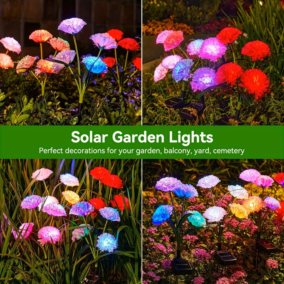 Solar Garden Lights 4 Head Carnation Flower Lamps For Yard Waterproof Outdoor Pathway Pink Lights Christmas Lawn Backyard Decor