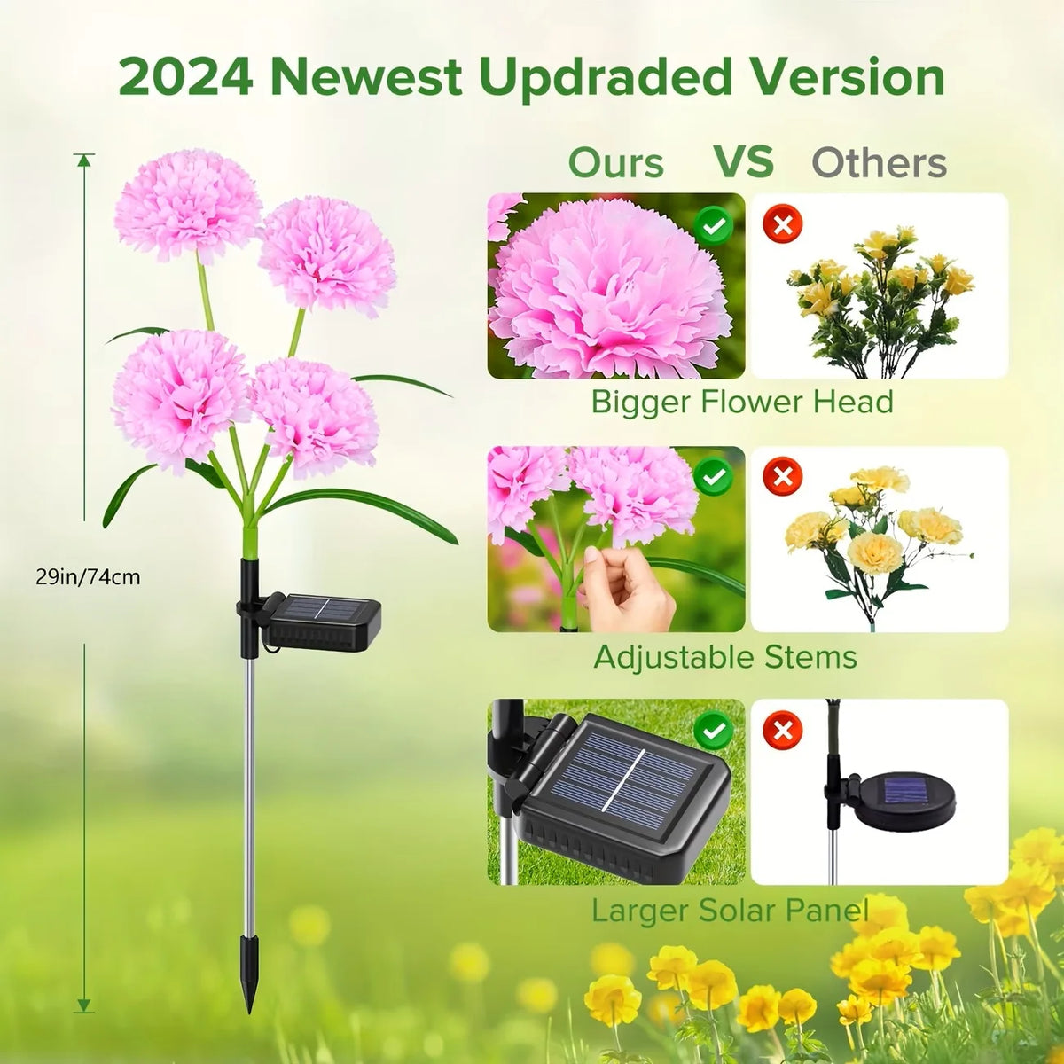Solar Garden Lights 4 Head Carnation Flower Lamps For Yard Waterproof Outdoor Pathway Pink Lights Christmas Lawn Backyard Decor