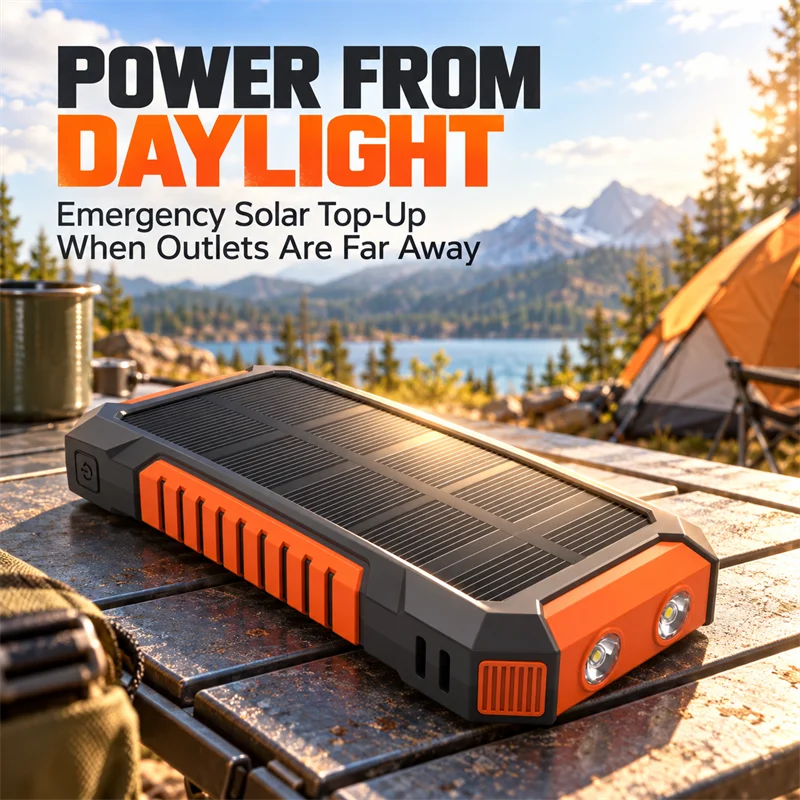 Solar Power Bank Portable Solar Power Supply Long-lasting Low Self-discharge Compatible with IOS Android USB-A & USB-C