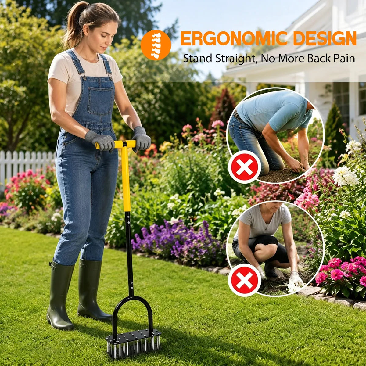 Stand‑Up Manual Lawn Core Aerator,304 Stainless Steel Spikes Dual‑Spring Self‑Cleaning Soil Aerating Tool for Backyard Garden Lawn Care,Ergonomic T‑Handle,Free Work Gloves