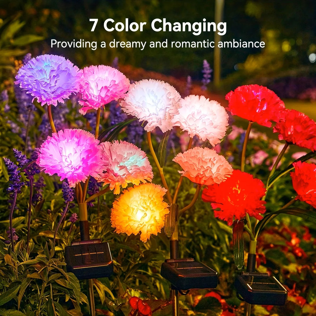 Solar Garden Lights 4 Head Carnation Flower Lamps For Yard Waterproof Outdoor Pathway Pink Lights Christmas Lawn Backyard Decor