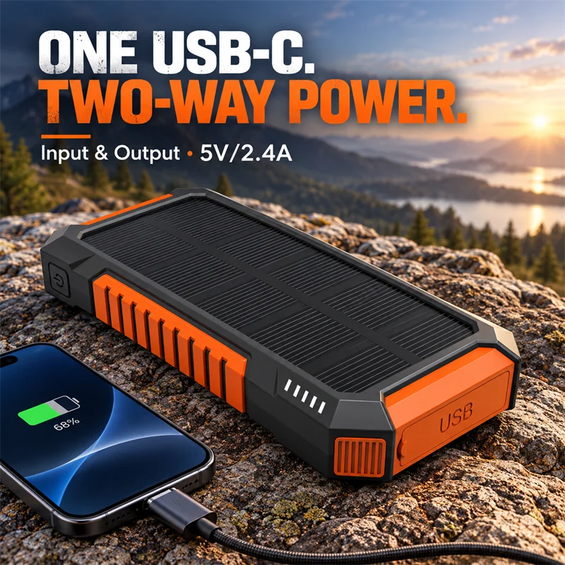 Solar Power Bank Portable Solar Power Supply Long-lasting Low Self-discharge Compatible with IOS Android USB-A & USB-C