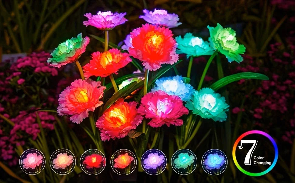 Solar Garden Lights 4 Head Carnation Flower Lamps For Yard Waterproof Outdoor Pathway Pink Lights Christmas Lawn Backyard Decor