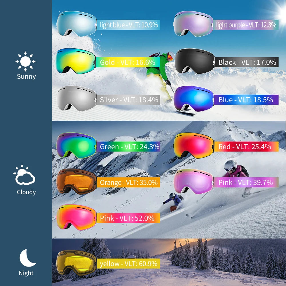 COPOZZ Adult Ski Goggles 2 Layer Lens Anti-Fog UV400 Day Night Spherical Snowboard Glasses Men Women Skiing Snow Goggles Set