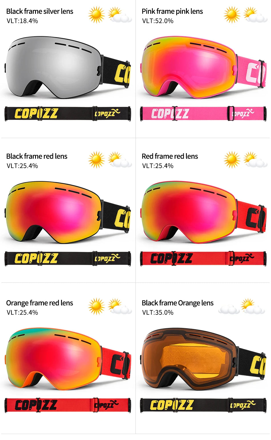 COPOZZ Adult Ski Goggles 2 Layer Lens Anti-Fog UV400 Day Night Spherical Snowboard Glasses Men Women Skiing Snow Goggles Set