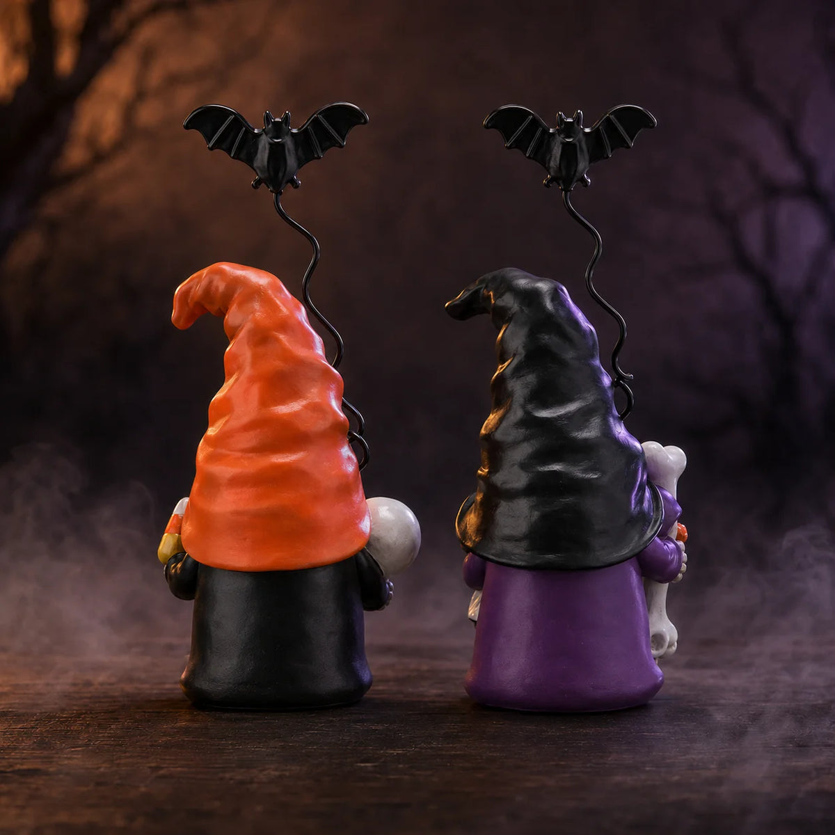 Hodao Resin Halloween Gnome Figurine Set, 2-Piece Pumpkin and Witch Gnome Decor with Spring-Loaded Flying Bat Topper, Skeleton Chest, Skull, Pumpkin and Candy Corn Details,Cute Creepy Hand-Painted Tabletop Ornament for Shelf,