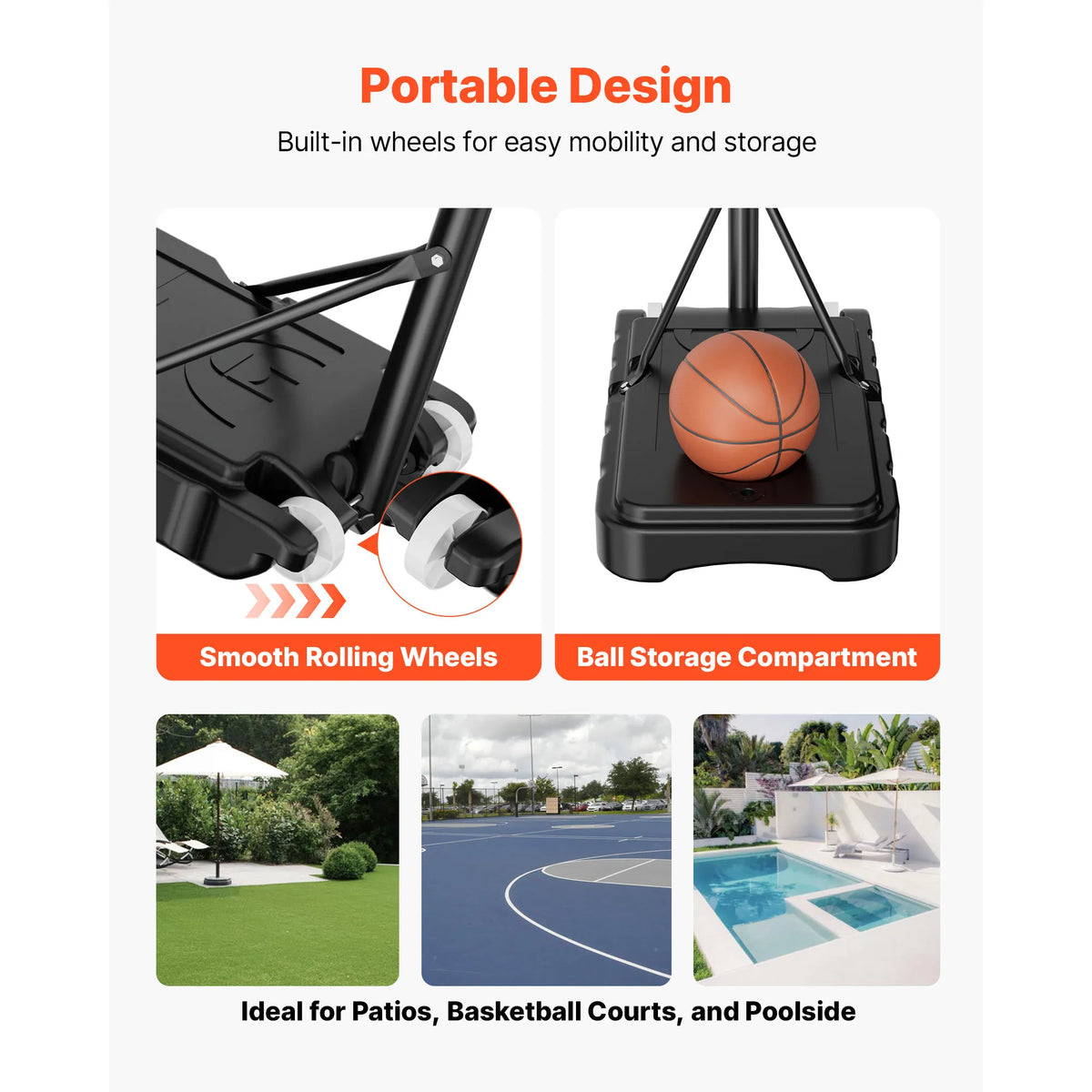 SucceBuy Portable Basketball Stand 5.2 to 6.9 ft/4.43 to 10 ft/10ft Height Adjustment Portable Backboard Set for Patios Poolside