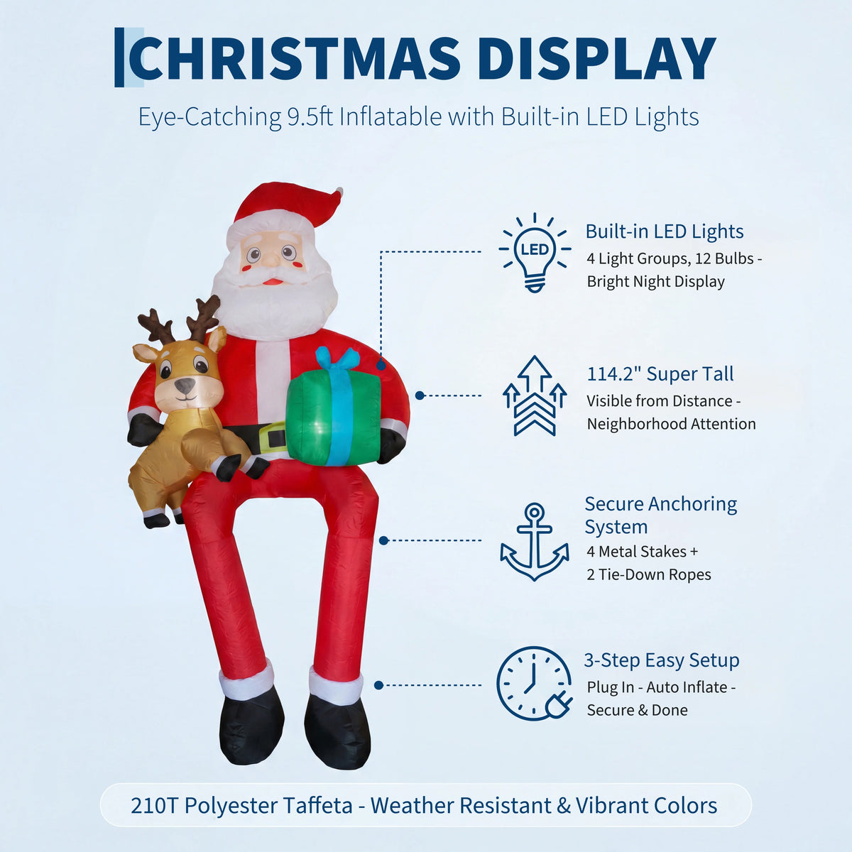 9.5ft Christmas Inflatable Sitting Santa with Reindeer Outdoor Blow Up Yard Decoration Built In LED Lights Lawn Garden Roof Display Holiday Party Winter Festival Home Decor