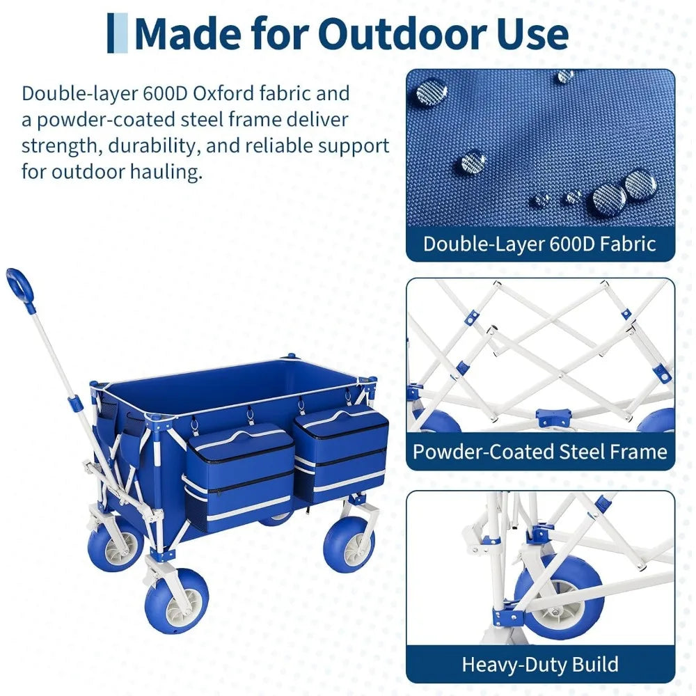 Heavy Duty Beach Wagon Cart 460 Lbs Capacity 9" All-Terrain Wheels Foldable Cart with Adjustable Handle 600D Oxford Fabric for Sand Camping Sports Garden