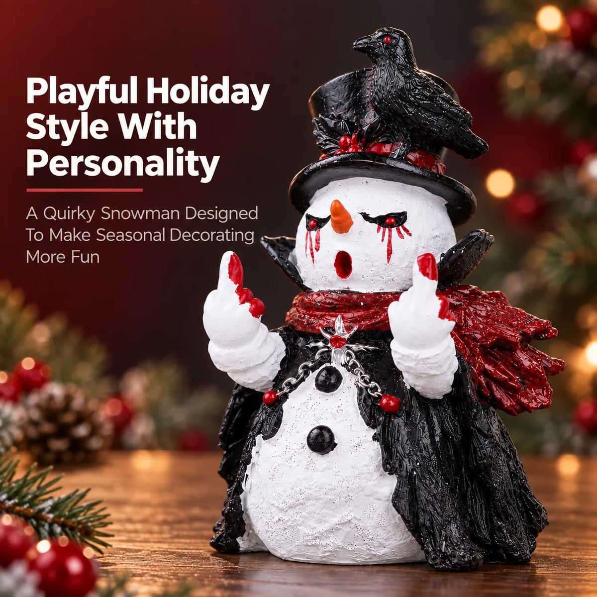 Hodao Gothic Christmas Snowman Figurine, Cute Funny Resin Statue with Black Raven, Top Hat Red Scarf and Cloak, Collectible Halloween Tabletop Decor for Shelf Mantel Office Desk Entryway Bedroom, Winter Holiday Party Display,