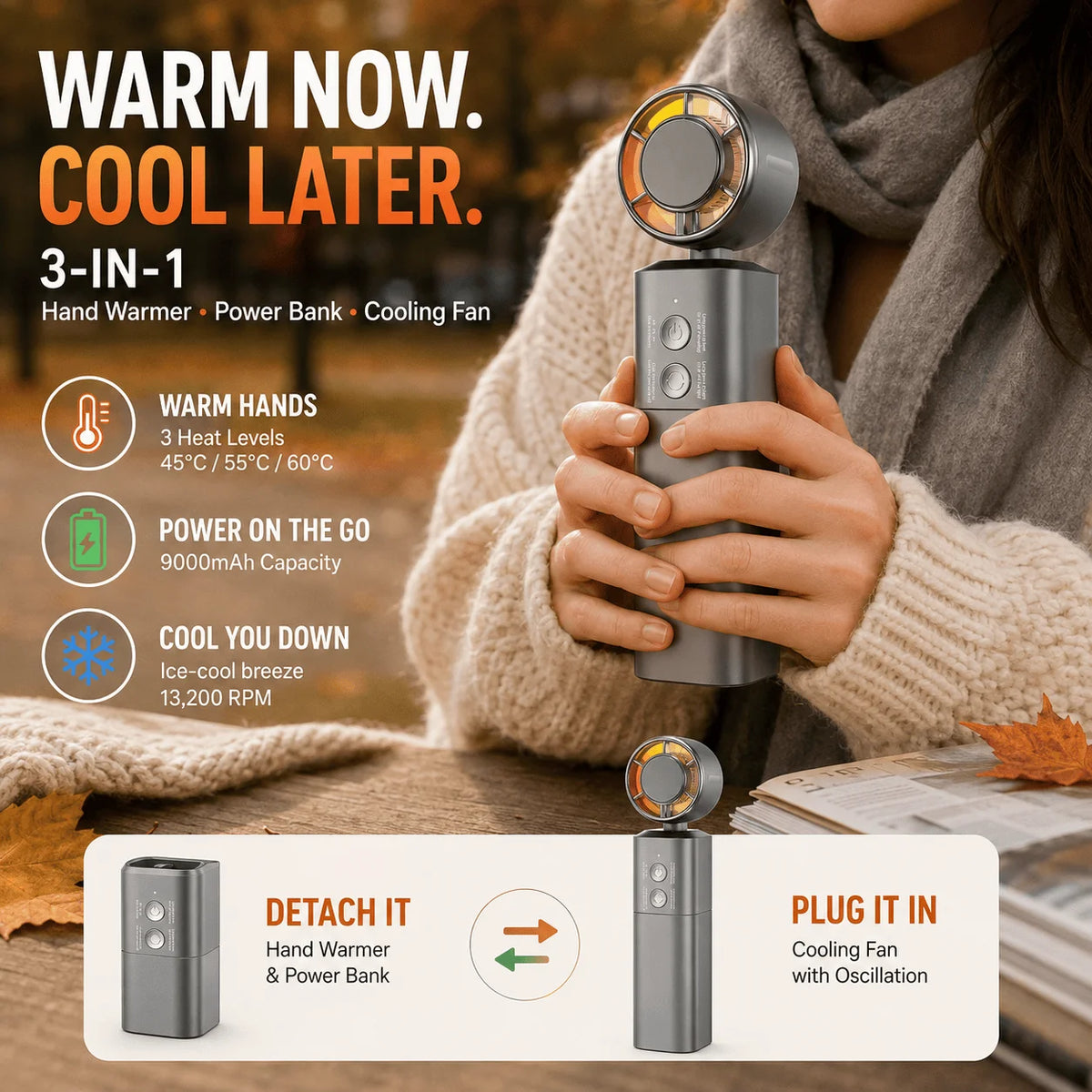 2026 New 3-in-1 Portable Hand Warmer Fan with Power Bank, Rechargeable Mini Hand Warmer & Personal Cooling Fan, 9000 mAh Battery Life Heated Hand Warmer for Travel, Office, Outdoor Use