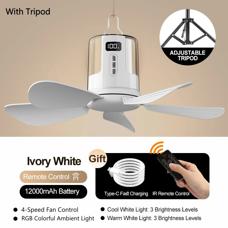 NEW Portable Camping LED Ceiling Fan with RGB Ambient Light 4 Gear Rechargeable Tent Hanging Fans for Bedroom Dorm Home Travel