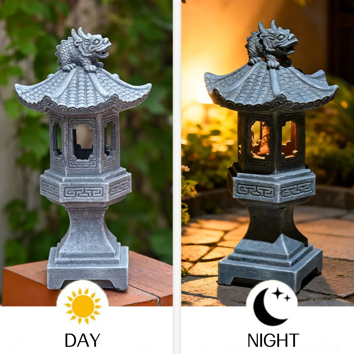 Outdoor Solar Pagoda Lantern, Chinese Zen Auspicious Palace Lantern Resin Decoration, Pagoda Solar Lantern Garden Statue with Solar Lights, for Yard Patio Pathway Garden Home Decor