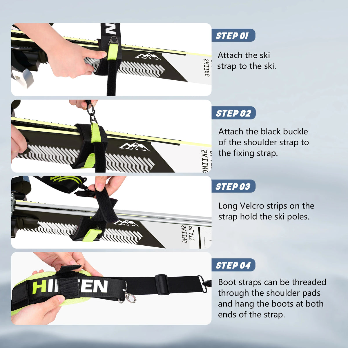 Hikeen Ski Carrier Straps Poles and Boot Downhill Skis Straps with Adjustable Anti-slip Shoulder Sling Metal Buckle Swivel Hook