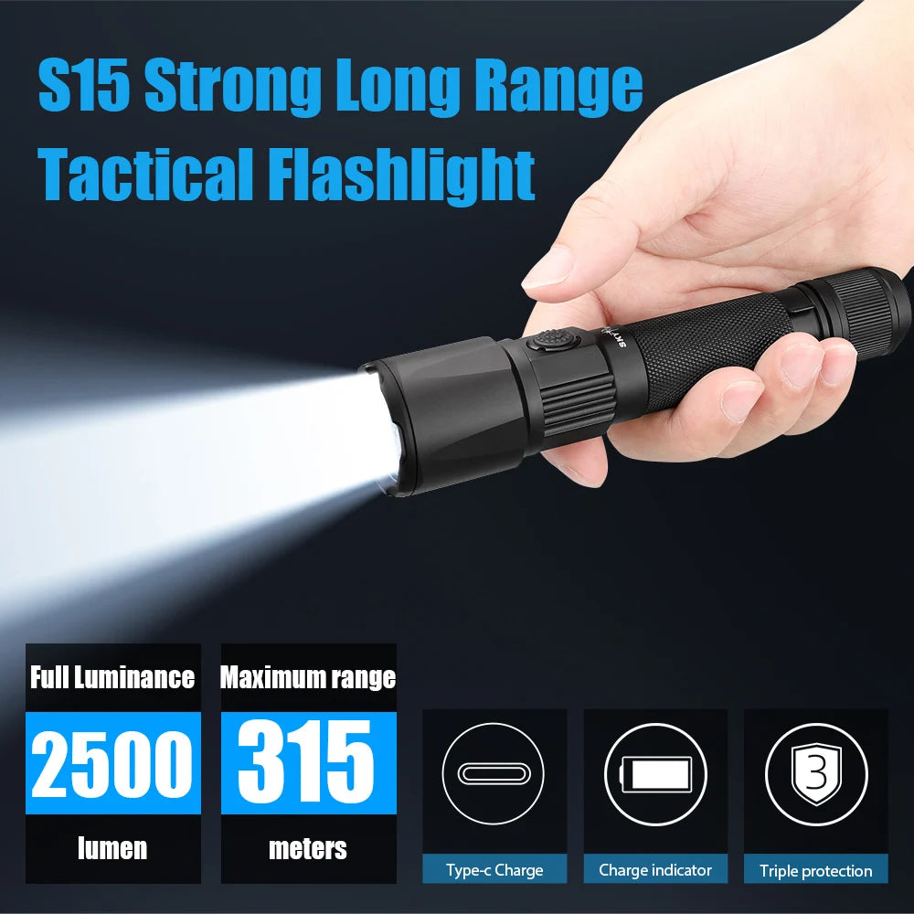 SKYRAY ST15 2500Lumen Tactical LED Flashlight Type-C Rechargeable LED Clip IP68 Waterproof 315M Light Range Camping Hiking Hunting Emergency Self Defense LED Torch US