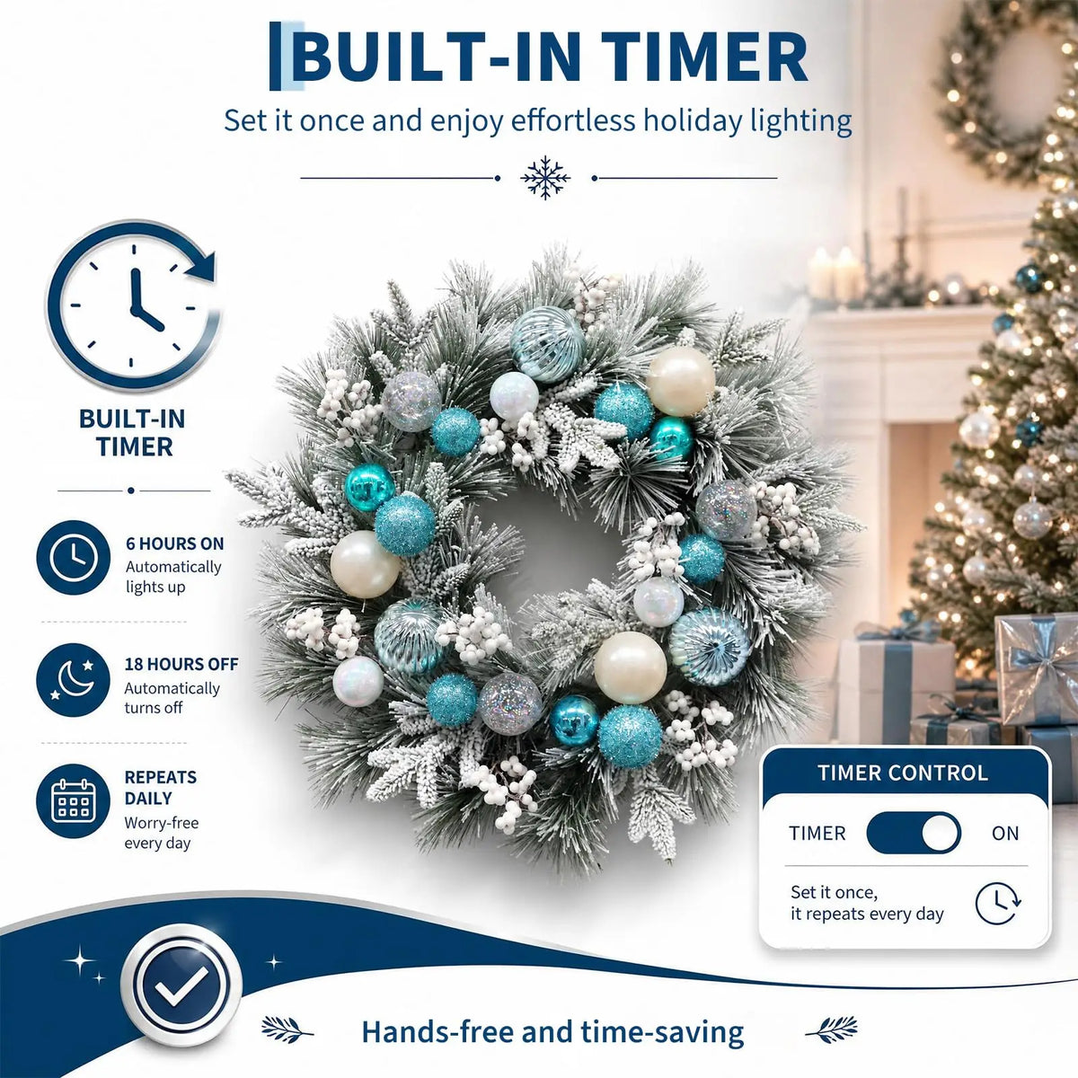 24 Inch Flocked Blue Christmas Wreath For Front Door, 20 Warm LED Lights, 8 Modes & Timer, Battery Operated, Snowy Pine & White Berries