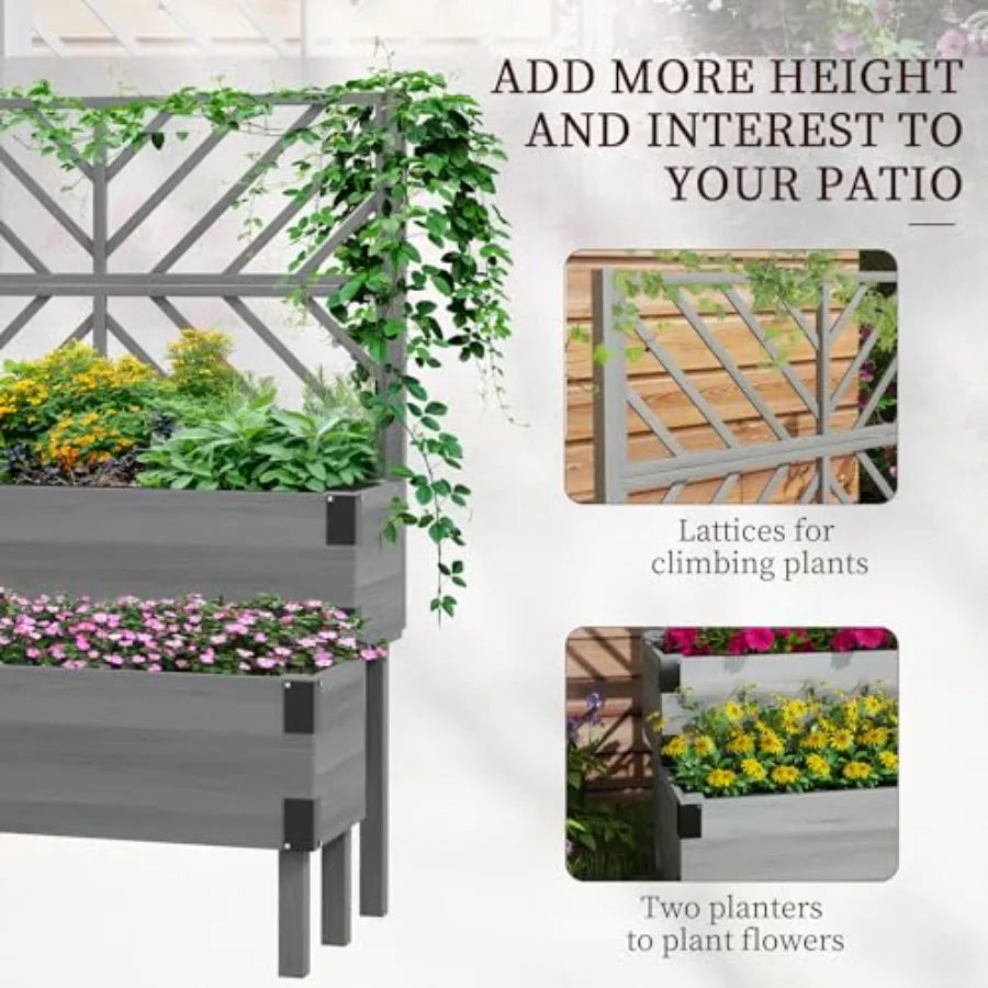 Raised Garden Bed with Trellis 2 Tier Wooden Elevated Planter Box with Legs and Metal Corners for Vegetables Flowers Herbs Gray