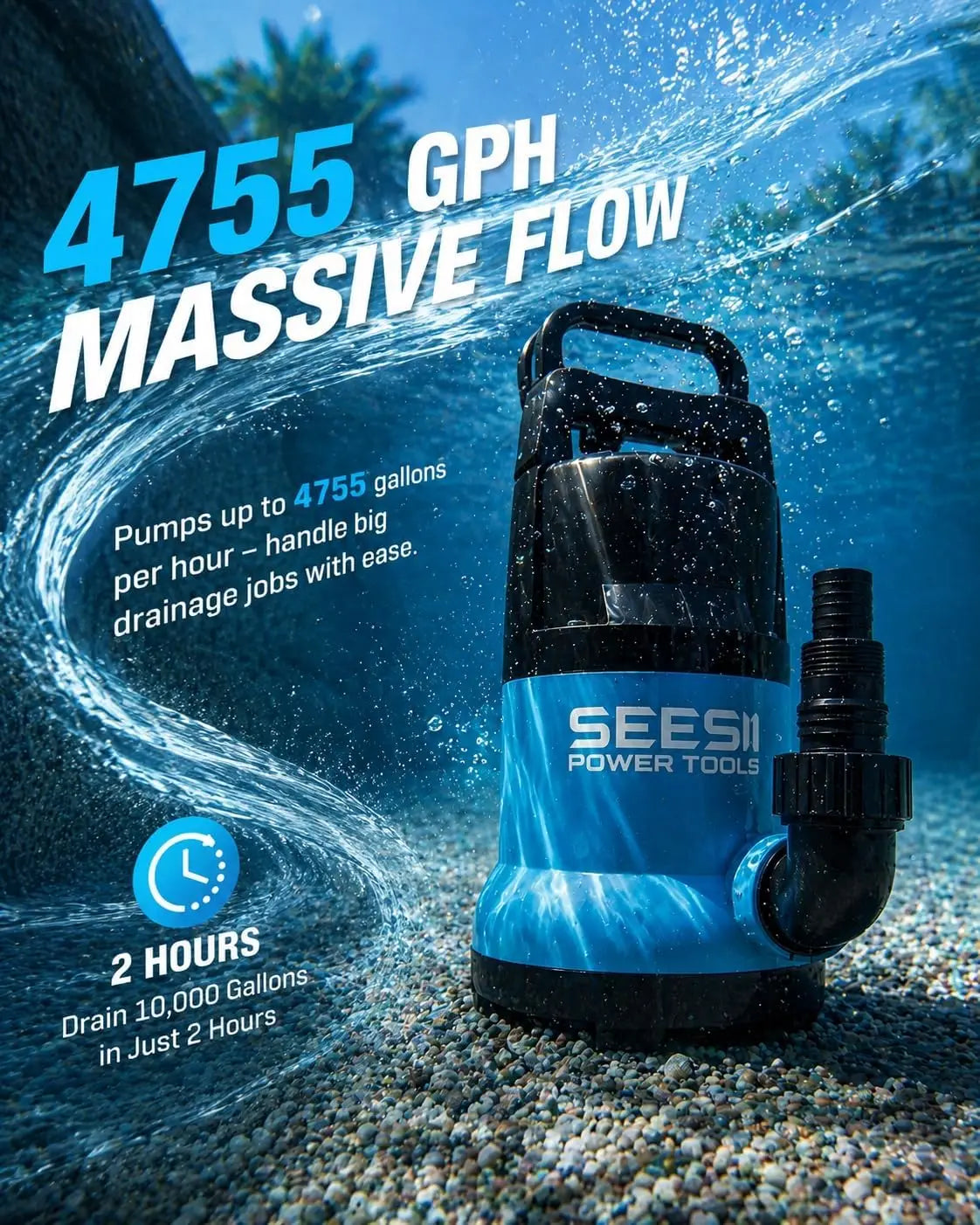 SEESII 1HP Submersible Water Pump Sump Pump for Swimming Pool 4755 GPH High Flow With 23ft Hose Anti-Clogging Filter Bag,Hot Tub, Pond, Flooded Basement, Rooftop, Garden Water Removal